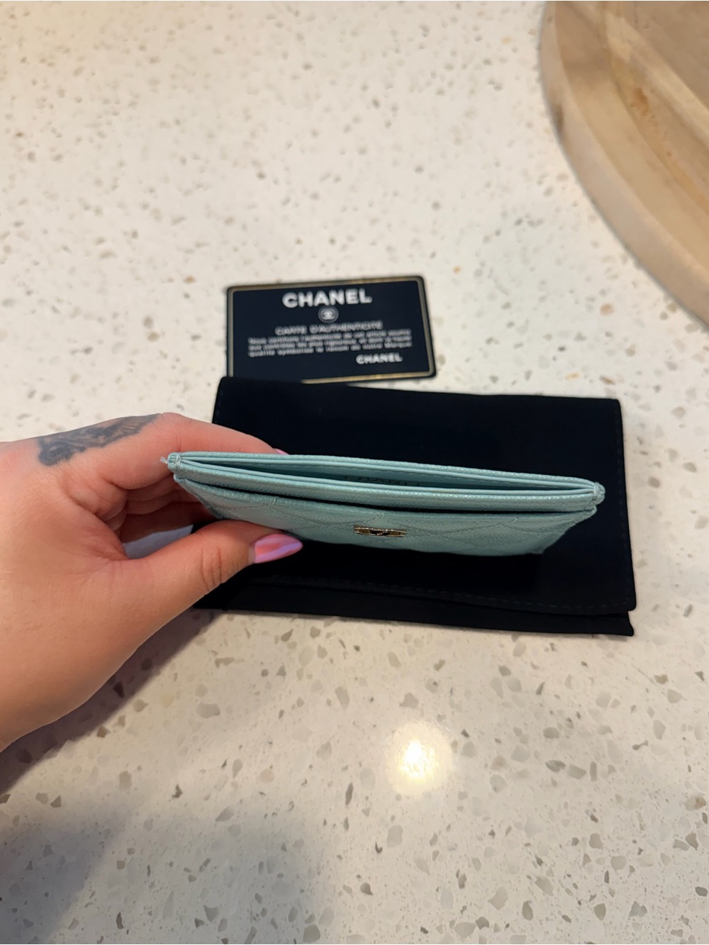 CHANEL Quilted Card Holder in Light Blue with Gold CC Hardware - Picture 9 of 10